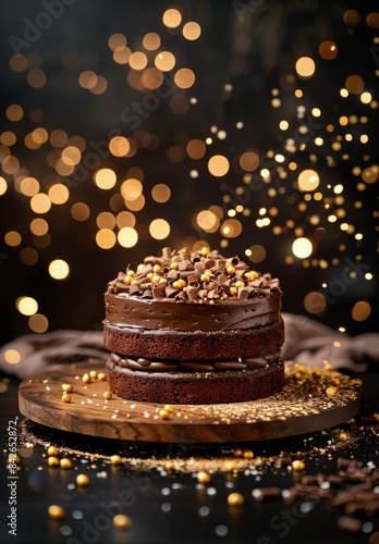 Two Chocolate Cakes With Gold Accents on Rustic Table With Twinkle Lights © olegganko