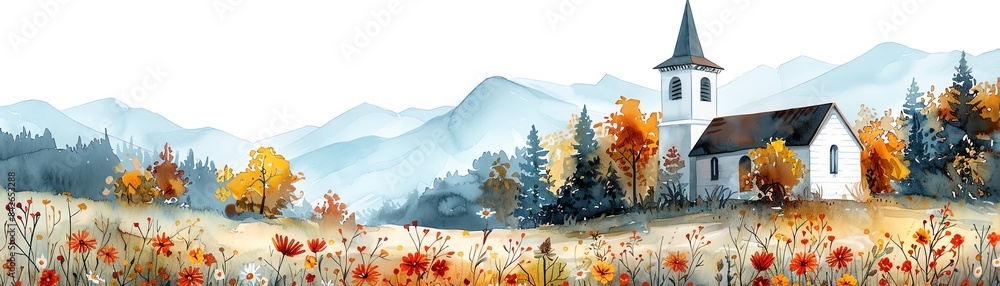 Aquarelle painting of a rural landscape with a small church. The church is surrounded by trees and a field of flowers. In the background are mountains. Aquarelle painting of a rural landscape with a small church. The church is surrounded by trees and a field of flowers. In the background are mountains.