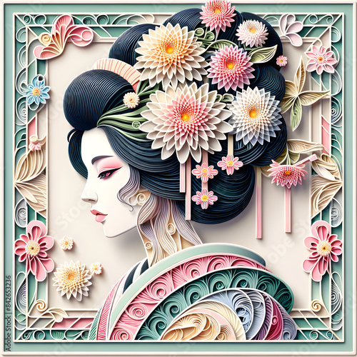 Illustration einer Geisha im Quilling-Stil. Die Geisha hat kunstvoll gestyltes Haar, das mit großen, filigranen Blumen und Blüten verziert ist. Sie trägt einen traditioneller Kimono  photo