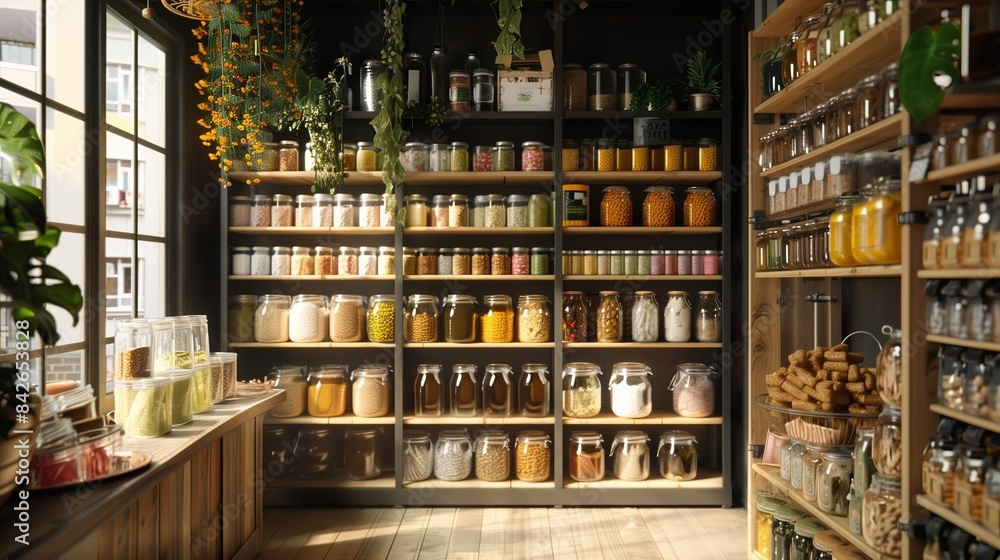 A zero-waste store with jars of bulk goods. A zero-waste store with jars of bulk goods.
