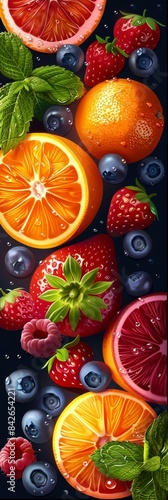 Vibrant Slices of Citrus Fruit and Berries on Black Background