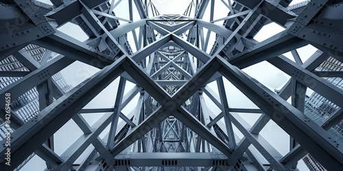 Abstract view of industrial steel framework captured from below, showcasing intricate structural design and engineering. The metallic beams intersect and form a complex geometric pattern