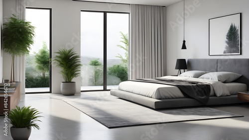 Modern bedroom design  high-end apartment or luxury hotel  with beautiful city scenery  neat sheets and pillows outside the floor to ceiling window