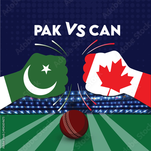 Pakistan vs Canada Match ,Canada vs Pakistan cricket match ,Cricket match concept with creative illustration of participants clashing style hands on stadium