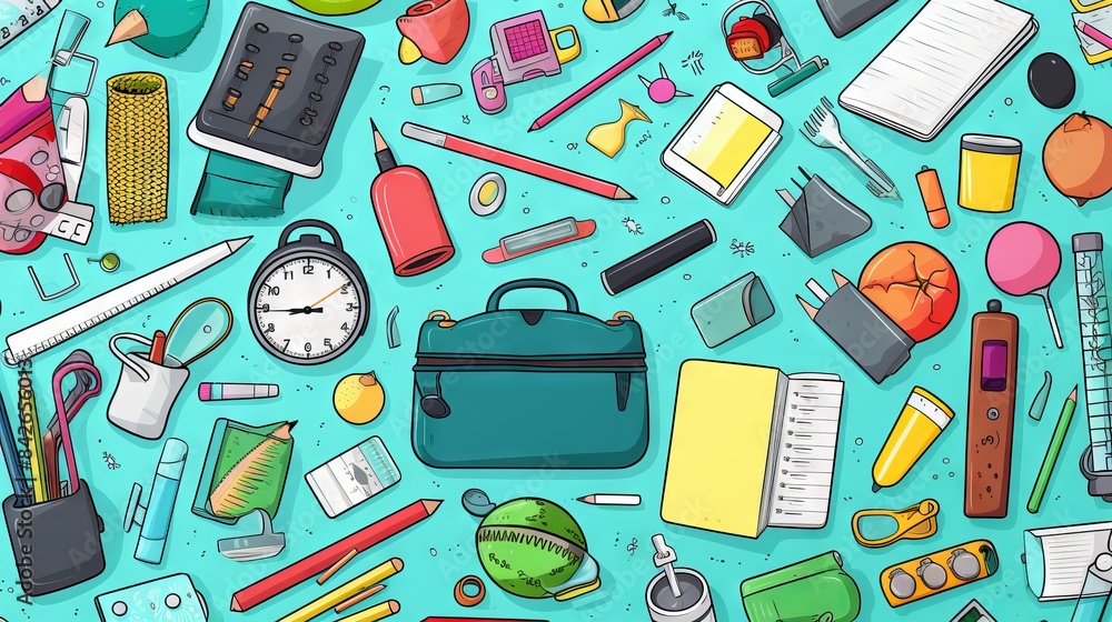 Colorful back-to-school supplies arranged on desk in classroom setting, educational concept with pens, notebooks, rulers, and other stationery items, perfect for academic themes and learning environme Colorful back-to-school supplies arranged on desk in classroom setting, educational concept with pens, notebooks, rulers, and other stationery items, perfect for academic themes and learning environme
