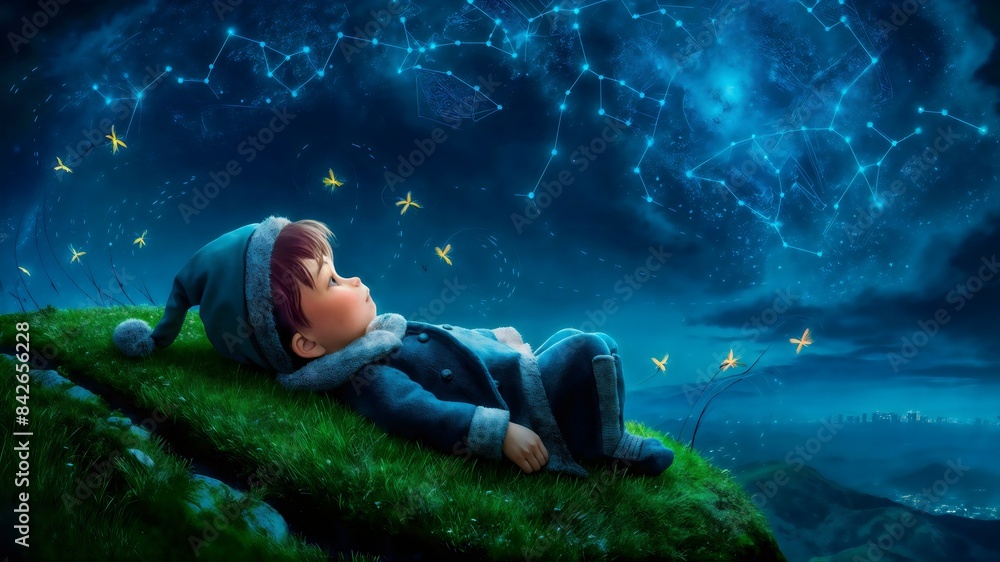A child is lying on the grass and looking at the starry sky A child is lying on the grass and looking at the starry sky