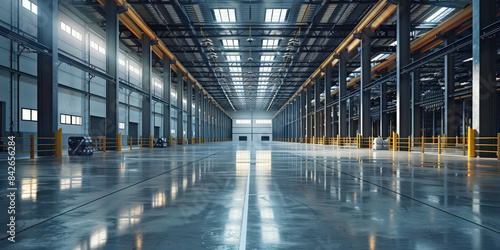 Large empty warehouse with sunlight streaming through the windows.ndustrial interior features high ceilings, metal beams, for storage and logistics operations.. © Planetz