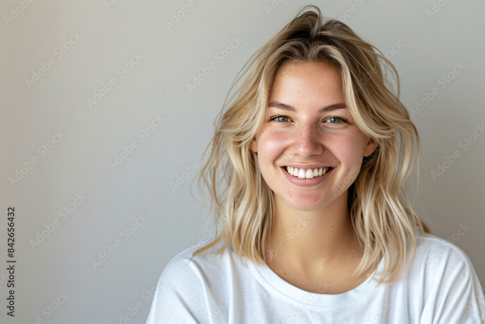 a woman with blonde hair smiling and wearing a white shirt a woman with blonde hair smiling and wearing a white shirt