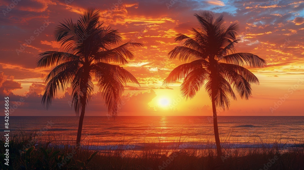 Obraz premium Tropical Sunset Silhouette With Palm Trees on a Beach