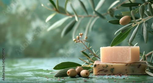 Natural Handmade Olive Oil Soap Bar With Green Leaves on a Rustic Tabletop