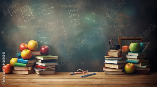 Vibrant back to school scene: assorted supplies, books, and blackboard on rustic wooden background
