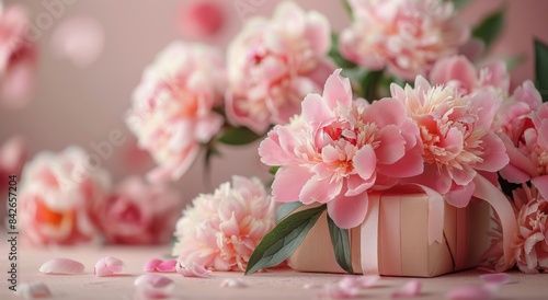 Pink Peonies and a Gift Box on a Soft Pink Background
