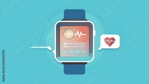 A smarch displaying a notification that a users heart rate and gait have been recorded and recognized as a means of authentication.. 2d flat cartoon photo