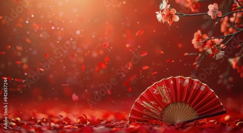 Red Fan and Cherry Blossoms in a Festive Setting