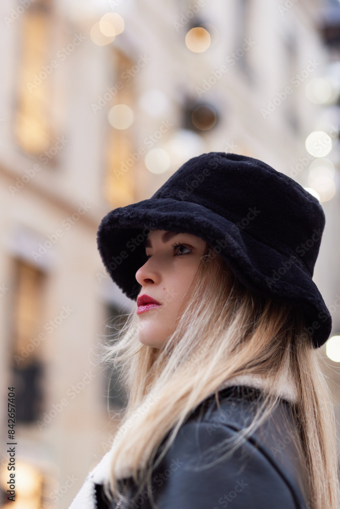 Beautiful woman on the street. Happy lifestyle and holiday concept. Woman in a black hat panama Beautiful woman on the street. Happy lifestyle and holiday concept. Woman in a black hat panama