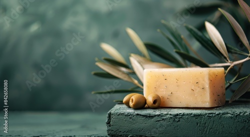 Natural Handmade Olive Oil Soap Bar With Green Leaves on a Rustic Tabletop