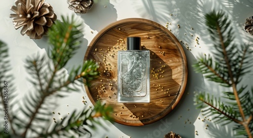 Glass Bottle of Perfume on Wooden Tray With Pine Branches and Sunlit Background