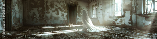 A beautiful girl alone in room in white frock with sun rays concept of marriage in background  © jimmy