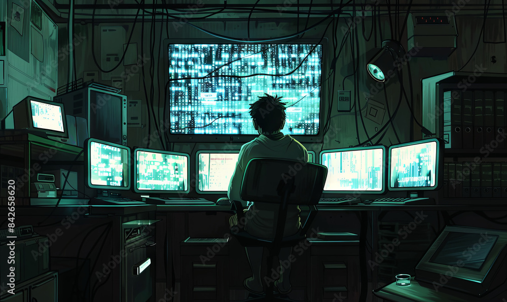 A man sits at a computer desk with several monitors and a keyboard A man sits at a computer desk with several monitors and a keyboard