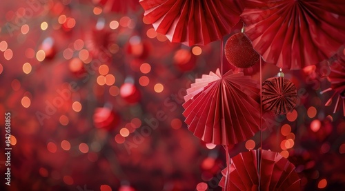 Red Folding Fans Hanging Against a Bokeh Background