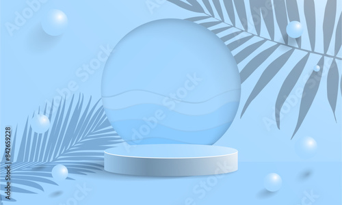 Pastel Blue Vector Background with 3d rendered podium and blue bubbles with paper cut-out sea waves. Summer Pastel Aqua Blue Studio concept. Fresh and clean theme. Isolated platform.
