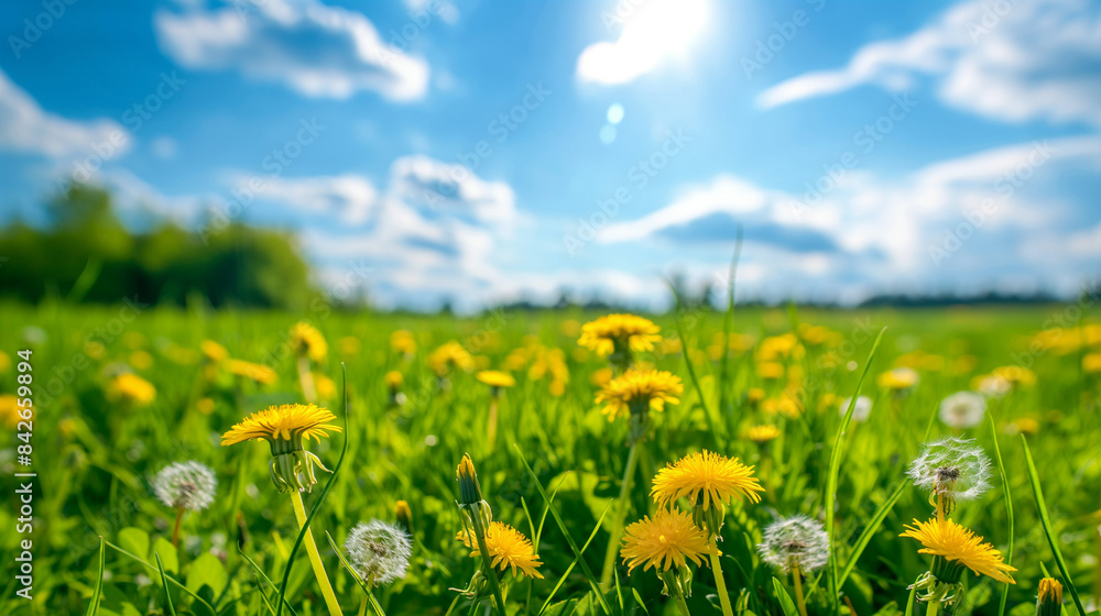Obraz premium Beautiful Meadow Field with Fresh Green Grass and Yellow Dandelion Flowers in Nature Against a Blurry Blue Sky with Clouds. Perfect Summer and Spring Natural Landscape