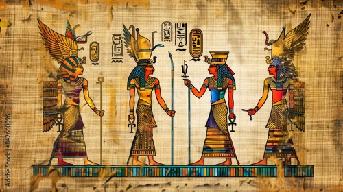 The painting depicts four Egyptian figures, each holding a staff photo