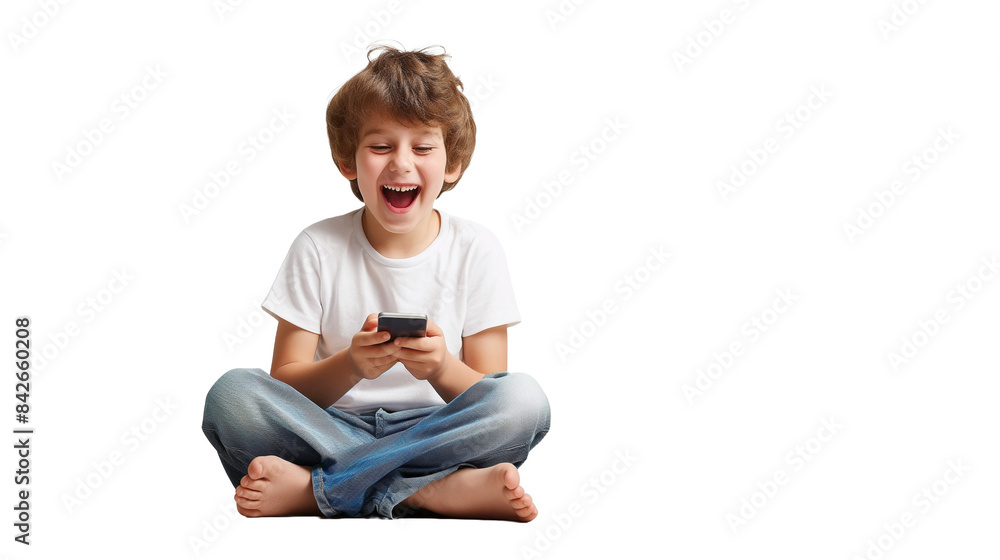 Joyful boy sitting on a white floor, absorbed in using a cell phone against with transparent background. Joyful boy sitting on a white floor, absorbed in using a cell phone against with transparent background.