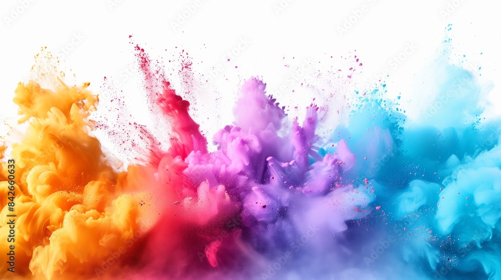 Explosive Burst of Colorful Dry Pigments in Mid-Air Against White Background Explosive Burst of Colorful Dry Pigments in Mid-Air Against White Background