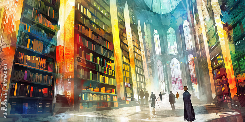 Obraz premium The Cosmic Library: Religions as Books in the Library of Humanity - Imagine different religions as books in a vast library, each containing the wisdom, beliefs, and stories of a unique spiritual tradi