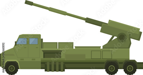 Illustration of a powerful modern mobile artillery system with a camouflaged green military truck chassis parked on a white background