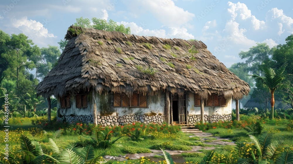 huge family longhouse for a tropical ecosystem, walls of white clay brick, thatched roofs, building built on wooden stilts over grass, wattle and daub house, windows with wooden panels, huge family longhouse for a tropical ecosystem, walls of white clay brick, thatched roofs, building built on wooden stilts over grass, wattle and daub house, windows with wooden panels,