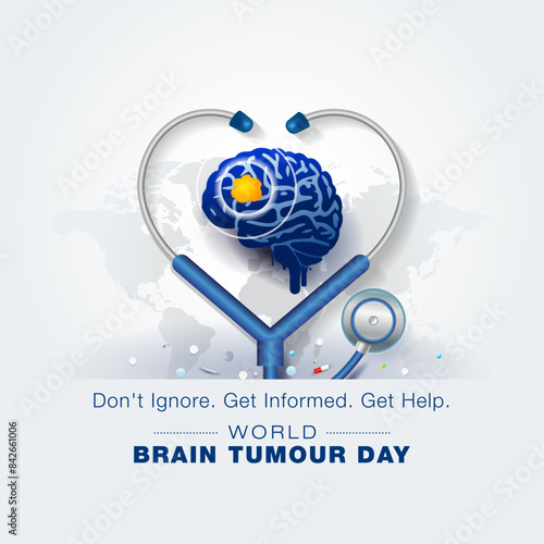 World Brain Tumor Day. Brain with Doctor Stethoscope. Fight against brain diseases. Brain Health care concept. Vector illustration.