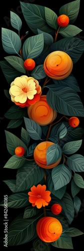 Elegant Abstract Fruit Background With Lush Green Leaves And Vibrant Orange Flowers