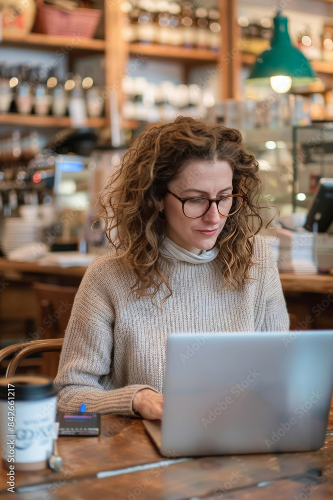 Woman with curly hair and glasses working on a laptop at a rustic coffee shop Woman with curly hair and glasses working on a laptop at a rustic coffee shop