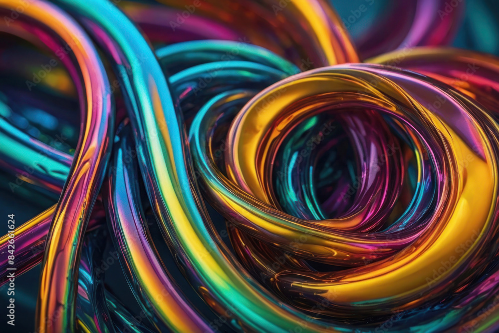 Rainbow holographic neon wires, shiny chrome surface. Electronics repair advertising, connection concept. Rainbow holographic neon wires, shiny chrome surface. Electronics repair advertising, connection concept.