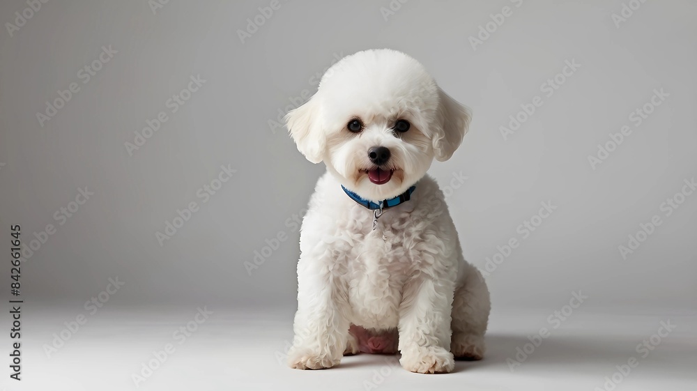 A cute Bichon Frize dog puppy sitting on a solid white background with space above for text A cute Bichon Frize dog puppy sitting on a solid white background with space above for text