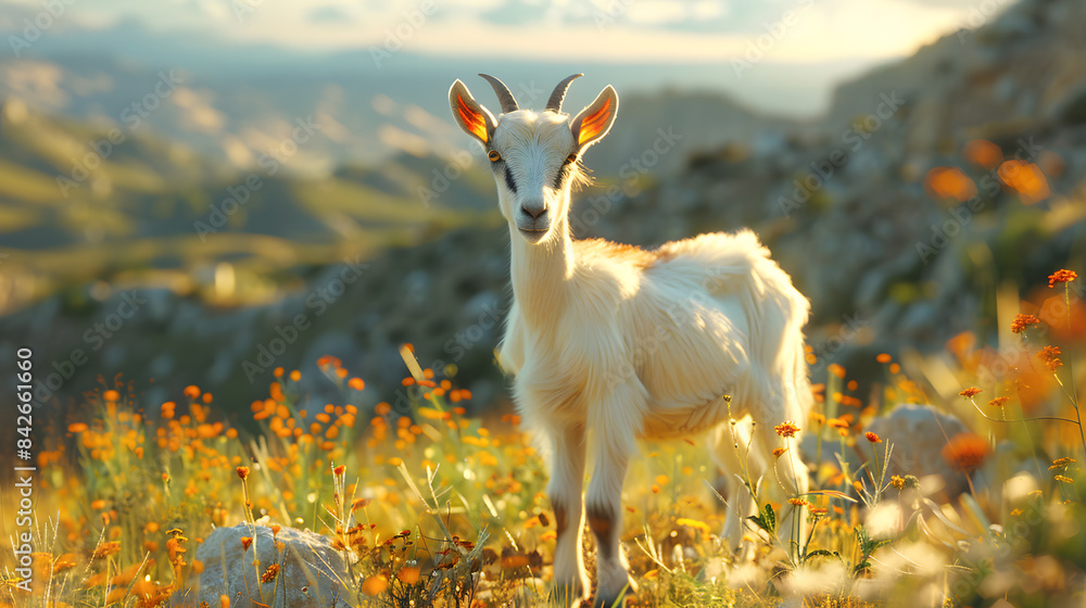 White goat grazing on a green mountain pasture close-up White goat grazing on a green mountain pasture close-up