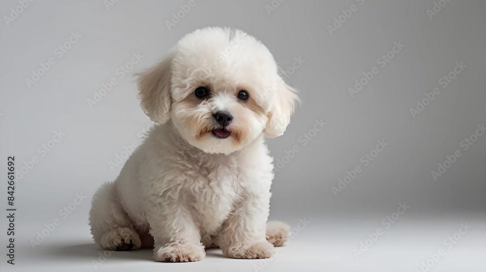 A cute Bichon Frize dog puppy sitting on a solid white background with space above for text A cute Bichon Frize dog puppy sitting on a solid white background with space above for text