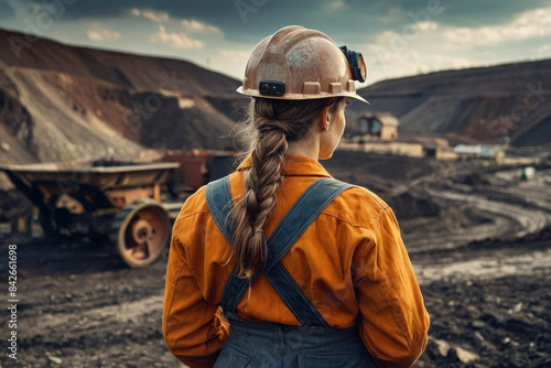 Tired female miner in a helmet and work suit against the background of a mine, hard work, rear view.