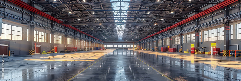 Obraz premium Large empty warehouse with sunlight streaming through the windows.ndustrial interior features high ceilings, metal beams, for storage and logistics operations..