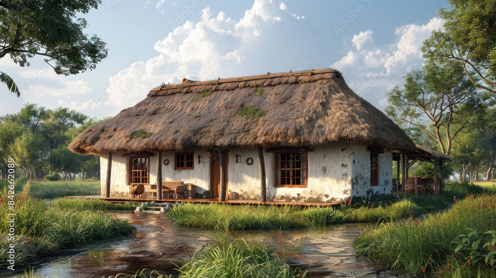 Fototapeta premium huge family longhouse for a tropical ecosystem, walls of white clay brick, thatched roofs, building built on wooden stilts over grass, wattle and daub house, windows with wooden panels, 
