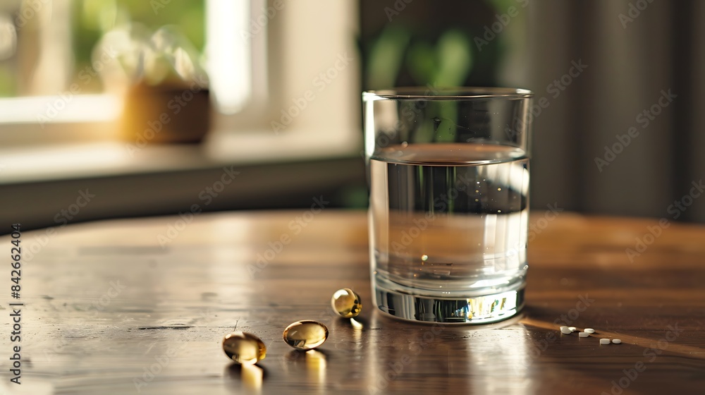 Keep some medicine next to the glass of water Keep some medicine next to the glass of water
