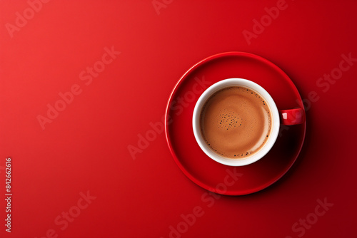  Cup of coffee on a red background, top view. Flat lay with copy space for text and design. Bright color concept. Minimal style.