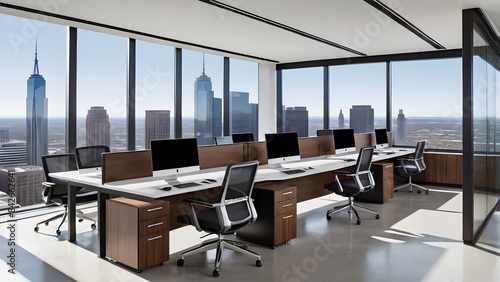 Modern office design, advanced office buildings, financial technology and commercial enterprises, and beautiful urban scenery outside the window