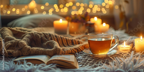 A warm and inviting scene with a cup of tea, candles, and a book on a cozy blanket autumn fall