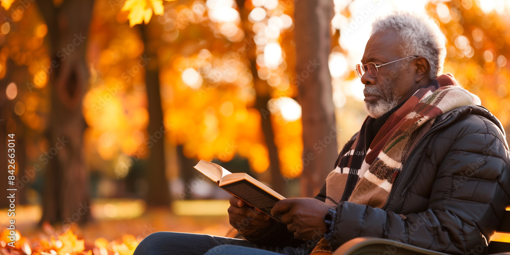 An older African American man with gray hair reads a book while sitting in a park with fall foliage in the background An older African American man with gray hair reads a book while sitting in a park with fall foliage in the background