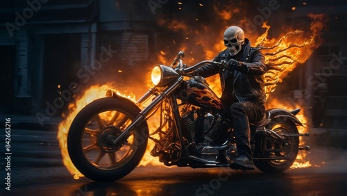 skeleton riding the burning motorcycle