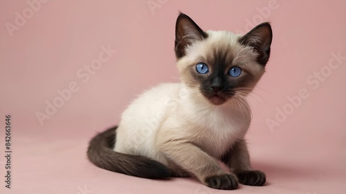 A cute Siamese kitten sitting on a solid light pink background with space above for text