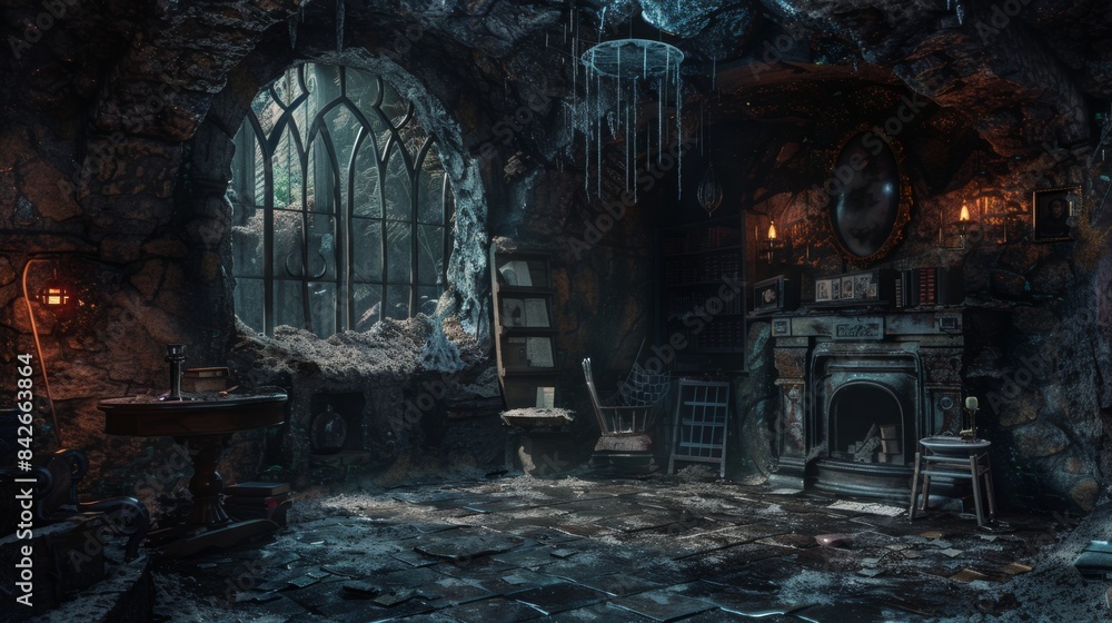 Dark mystery decay interior background, style 3D, empty room. Dark mystery decay interior background, style 3D, empty room.